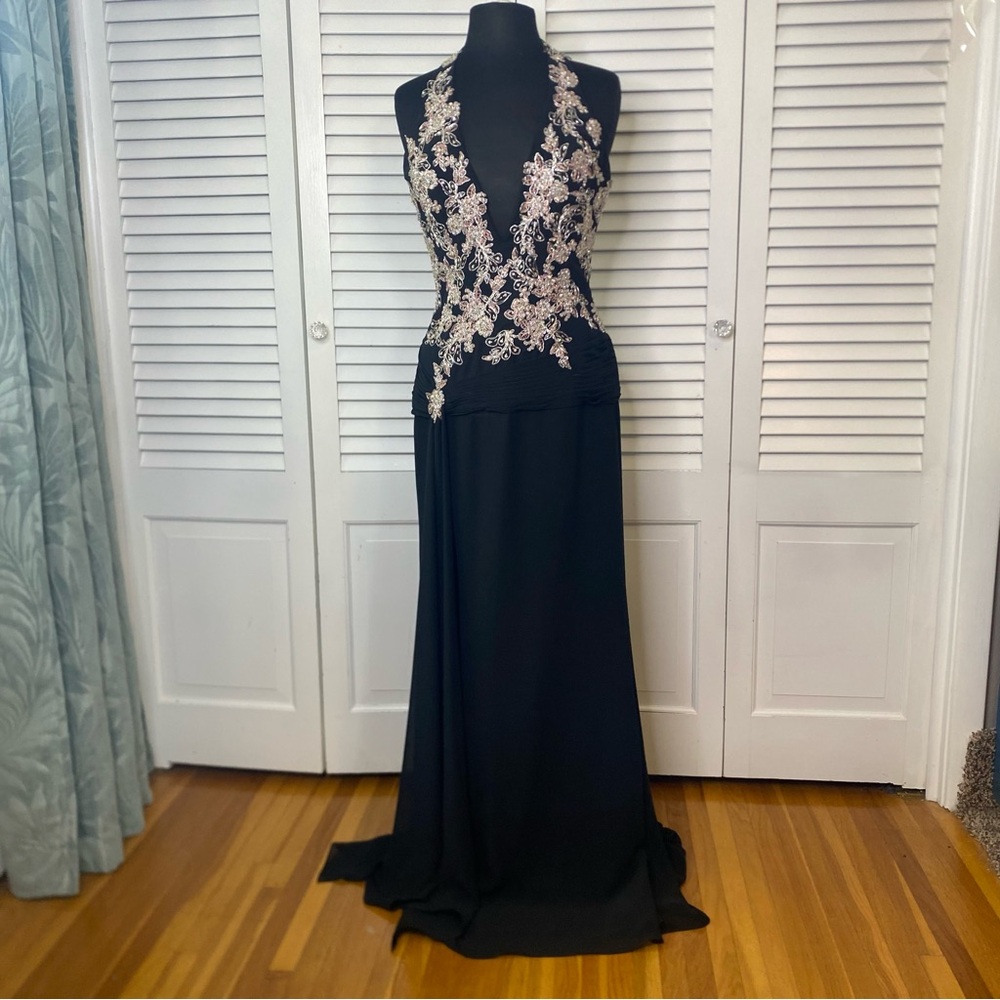 Tiffany Designs | Black, Pink, and Silver Embellished Backless Gown | Size 10